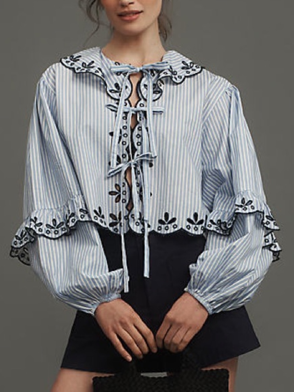 Maeve Anthropologie Blue striped Scalloped tie top O/S